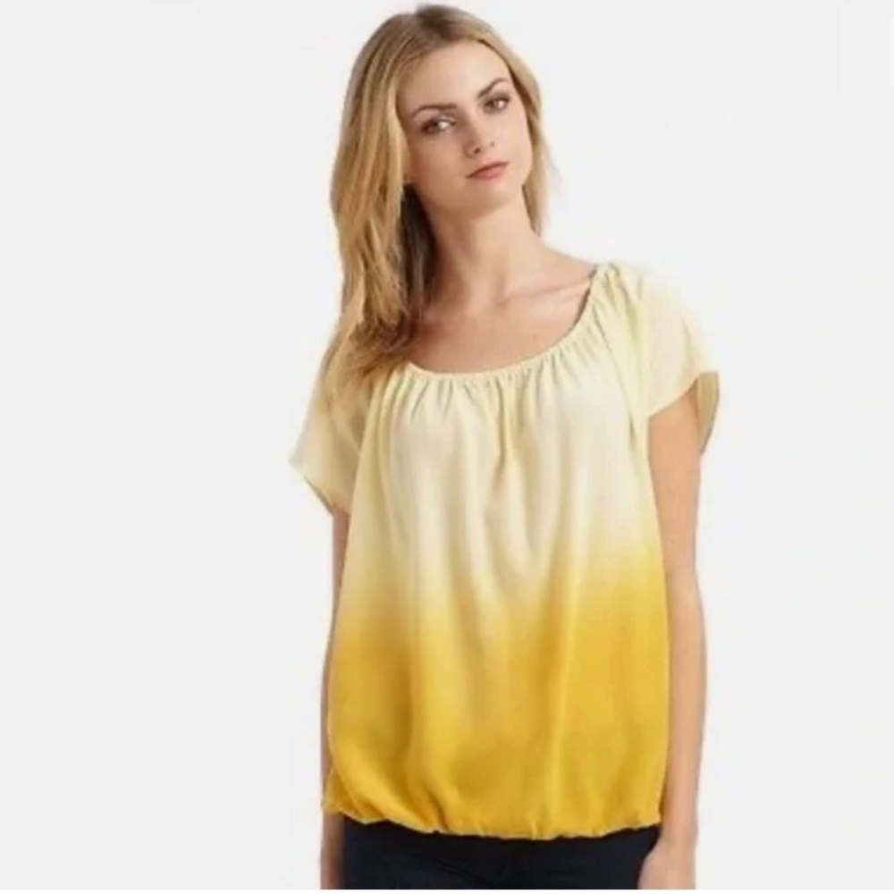 Joie 100% Silk Ombré Cream  Yellow Gathered Elastic Hem Round Neck‎ Top Size XS
